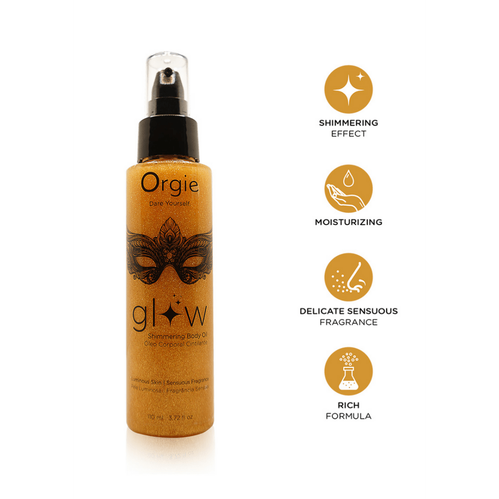 Pictogrammen Orgie Glow bodyolie: shimmer, voedend, snel intrekkend, huidvriendelijk