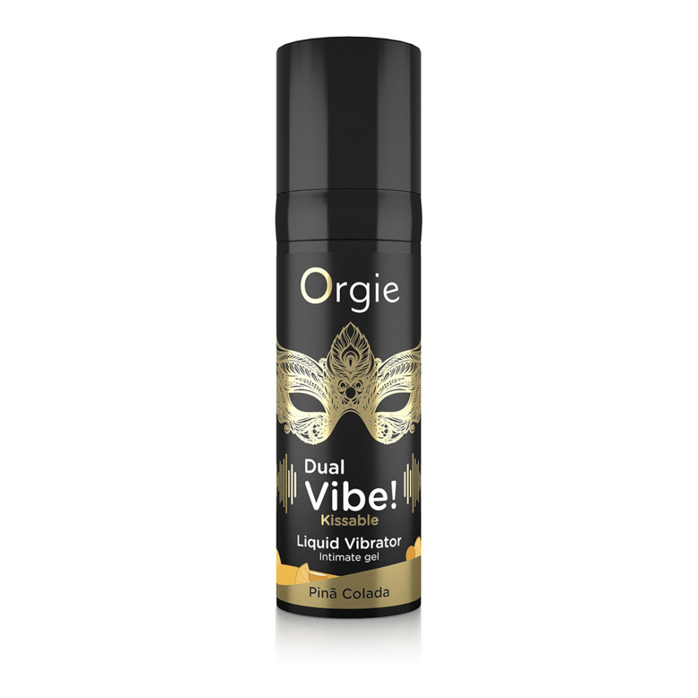 Orgie Dual Vibe Kissable Liquid Vibrator Pina Colada 15 ml flesje op witte achtergrond