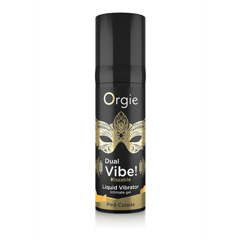 Orgie Dual Vibe Kissable Liquid Vibrator Pina Colada 15 ml flesje op witte achtergrond