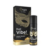 Orgie Dual Vibe Kissable Liquid Vibrator Pina Colada verpakking met 15 ml fles naast de doos