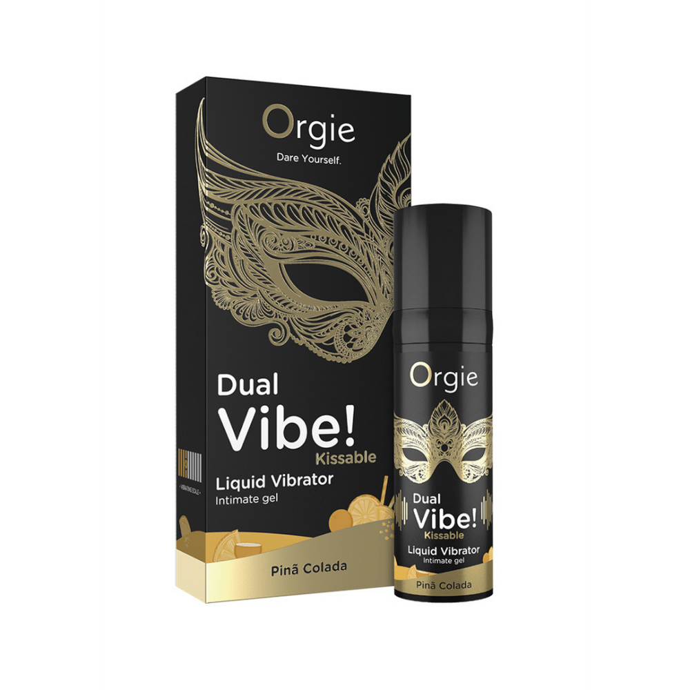 Orgie Dual Vibe Kissable Liquid Vibrator Pina Colada verpakking met 15 ml fles naast de doos