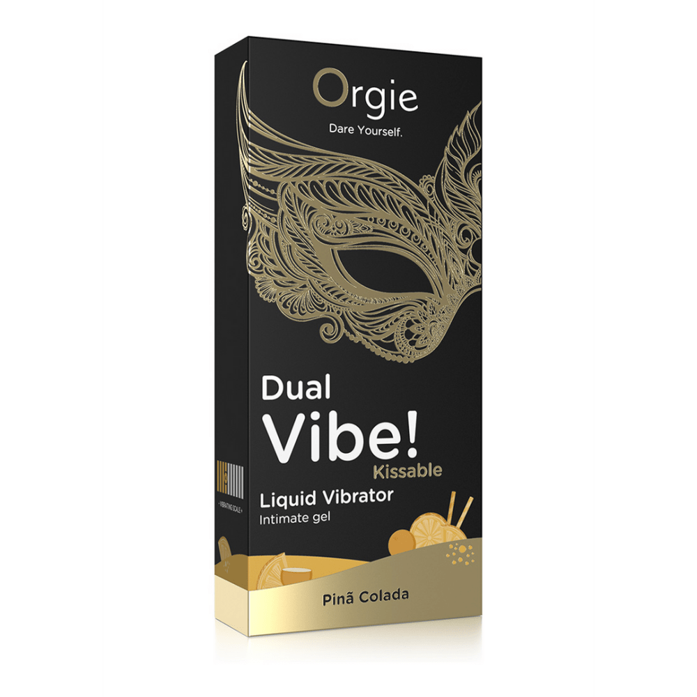 Orgie Dual Vibe Kissable Liquid Vibrator Pina Colada 15 ml close up van het flesje