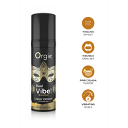 Orgie Dual Vibe Kissable Liquid Vibrator Pina Colada 15 ml fles met pictogrammen van effecten