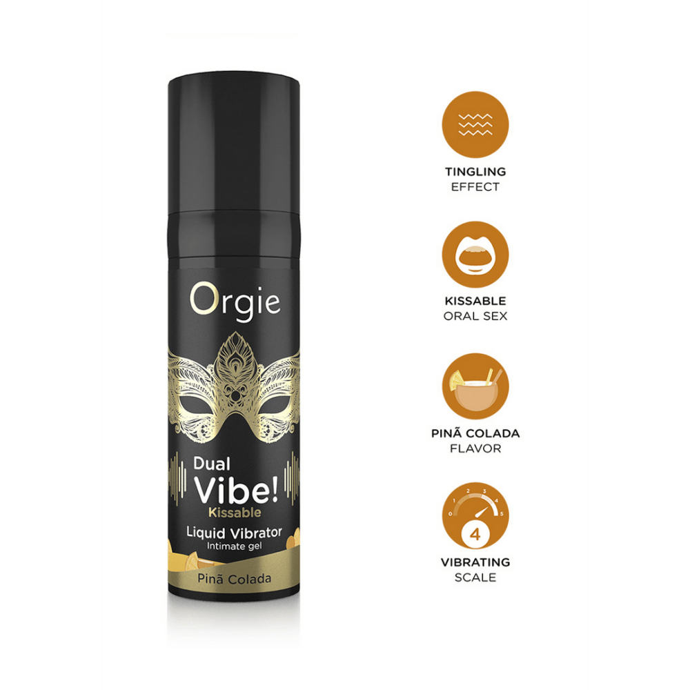 Orgie Dual Vibe Kissable Liquid Vibrator Pina Colada 15 ml fles met pictogrammen van effecten