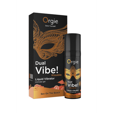 Orgie Dual Vibe Kissable Liquid Vibrator Sex On The Beach doos met 15 ml fles ernaast verpakking en inhoud