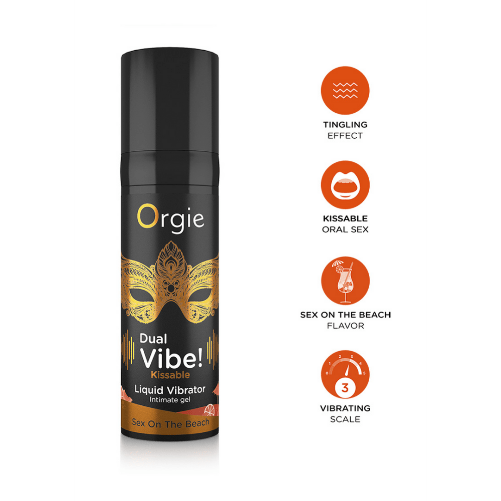 Orgie Dual Vibe Kissable Liquid Vibrator Sex On The Beach 15 ml flesje met pictogrammen die werking en voordelen tonen