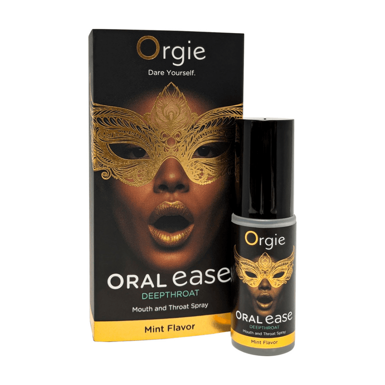 Verpakking en flesje Orgie Oral Ease mint mondspray 15 ml, glij- en verzachtformule voor diep oraal genot