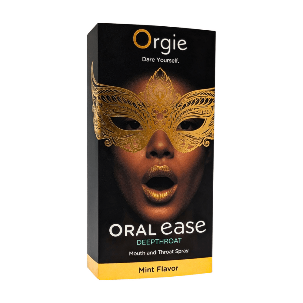 Close-up van Orgie Oral Ease Spray met mint, deepthroat comfort spray voor ontspannen keel tijdens orale seks