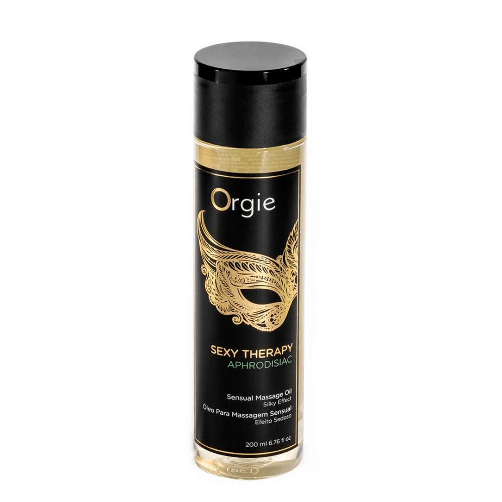 Orgie Sexy Therapy massage-olie 200 ml, zwarte fles met goud etiket op witte achtergrond
