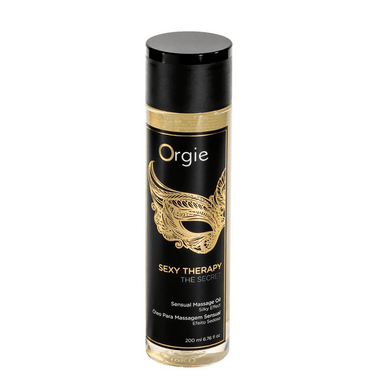 Orgie Sexy Therapy The Secret massage-olie 200 ml, zwarte fles met goud etiket op witte achtergrond