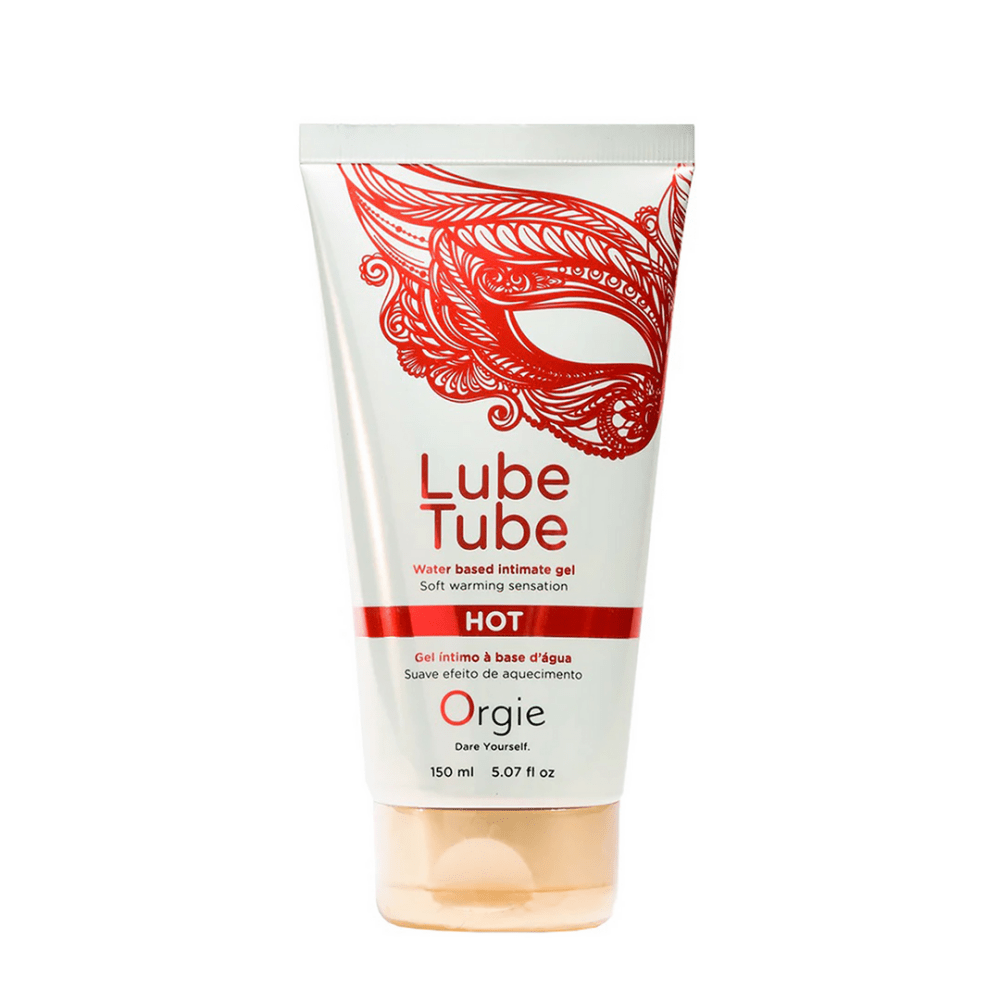 Orgie Lube Tube Hot 150 ml waterbasis glijmiddel rode tube met warming effect productfoto op witte achtergrond