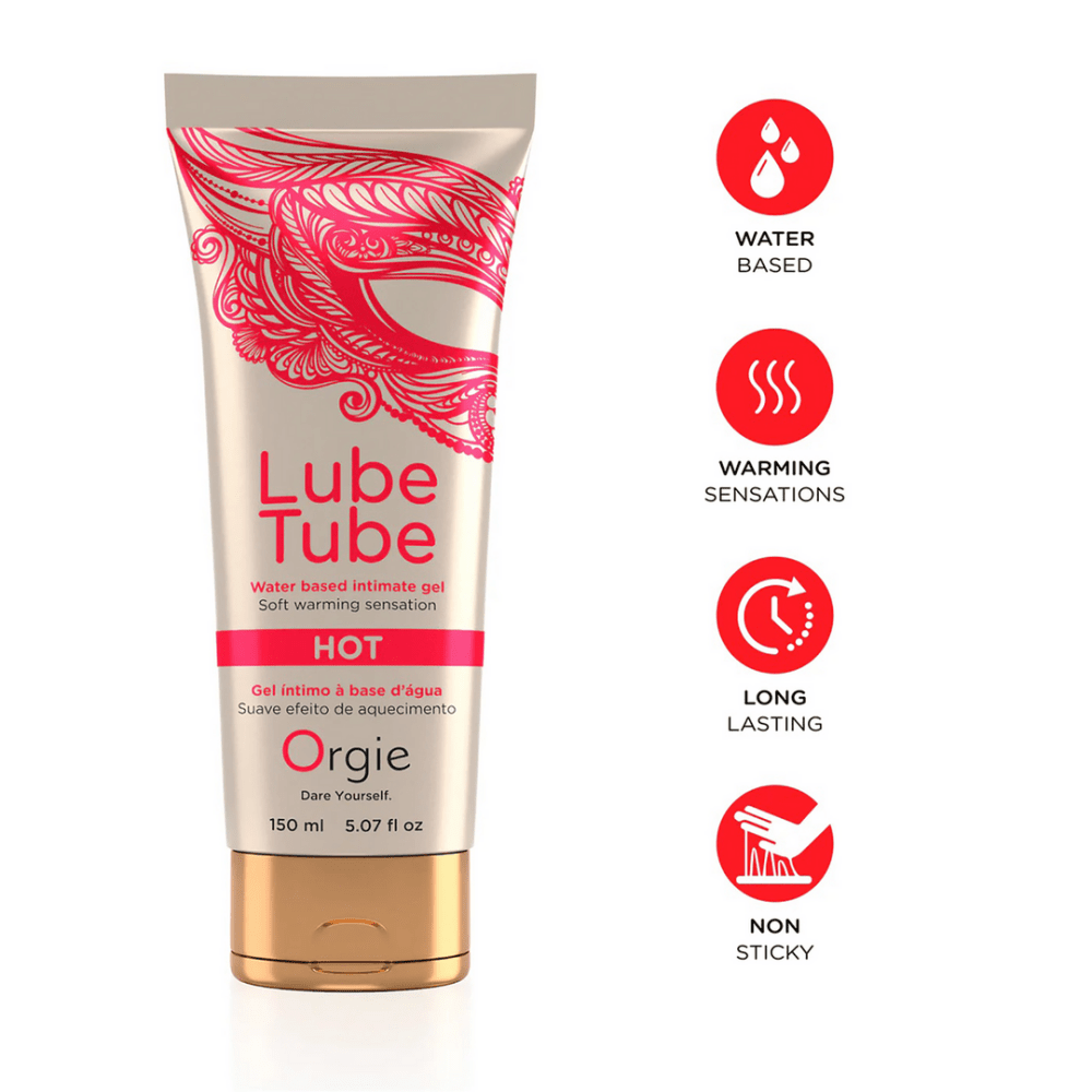 Orgie Lube Tube Hot 150 ml met pictogrammen warming effect vegan pH vriendelijk latex safe waterbasis