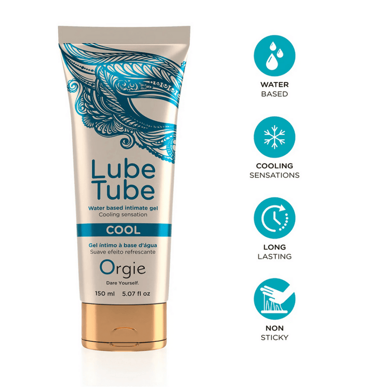 Orgie Lube Tube Cool 150 ml met pictogrammen vegan pH vriendelijk latex safe waterbasis glijmiddel