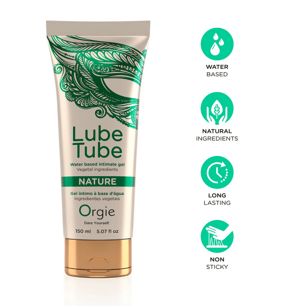 Orgie Lube Tube Nature 150 ml met pictogrammen voor vegan pH vriendelijk en latex safe, groene witte tube