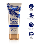 Orgie Lube Tube Waterbased 150 ml met pictogrammen voor pH vriendelijk vegan en latex safe, blauwe witte tube