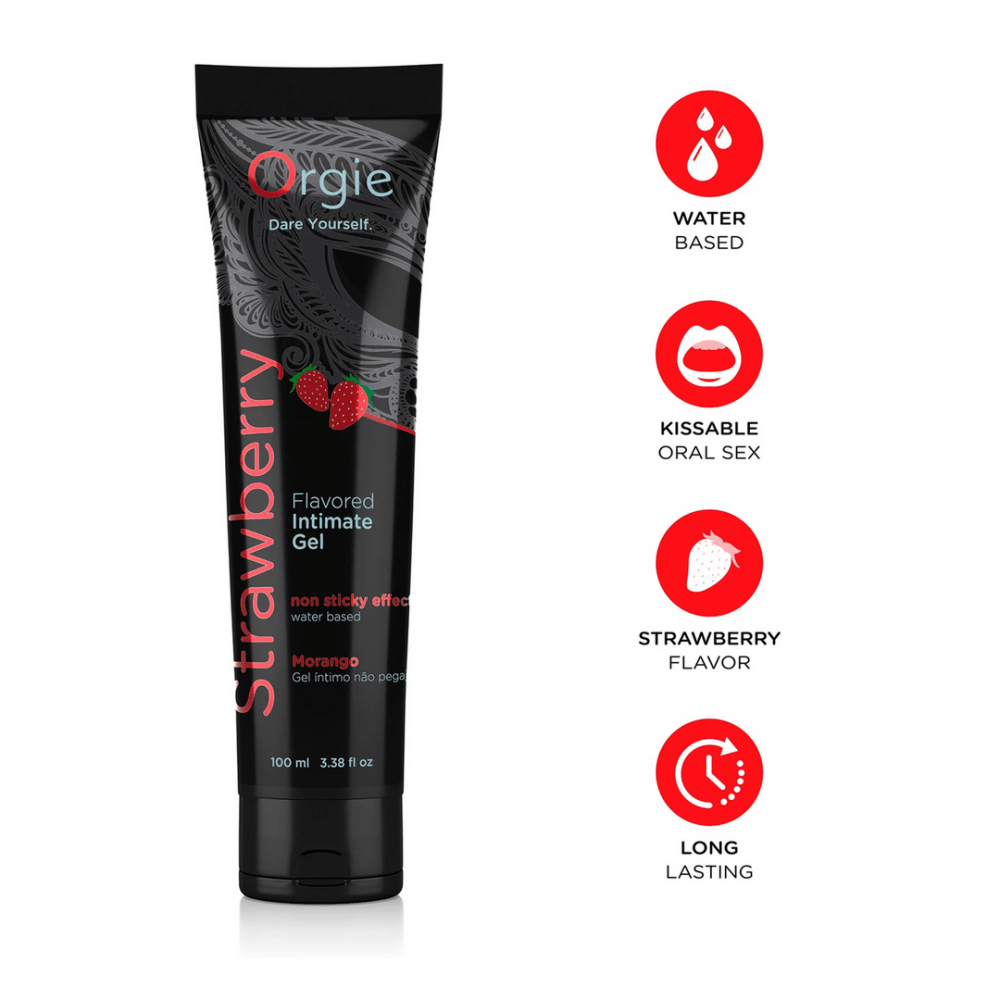 Zwarte Orgie Lube Tube Aardbei met pictogrammen, waterbasis glijmiddel 100 ml, gladde glijervaring met frisse aardbeiensmaak