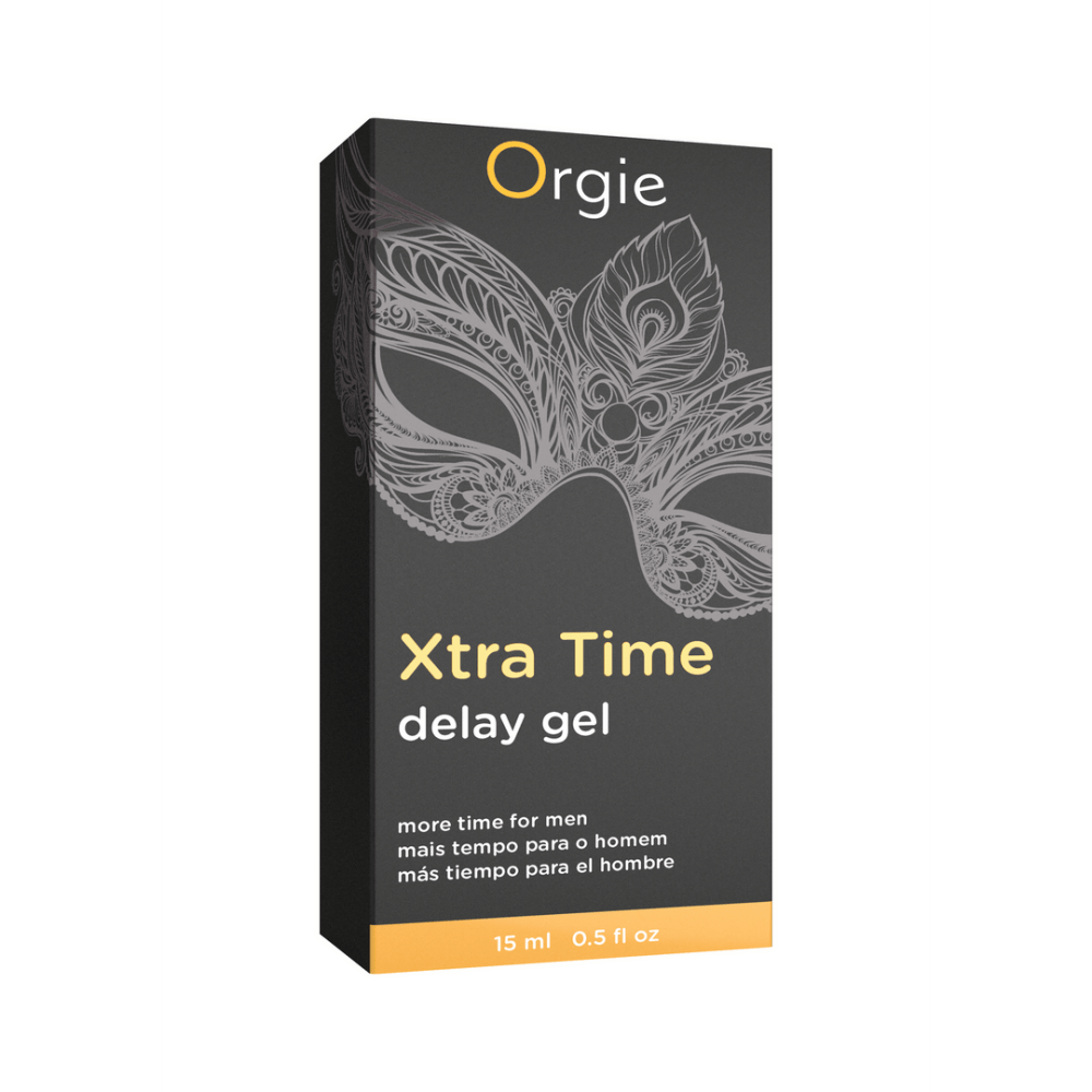 Orgie Xtra Time Delay Gel productdoos met tube duidelijk etiket discreet geleverd ondersteunt langer volhouden