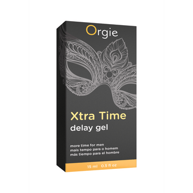 Orgie Xtra Time Delay Gel productdoos met tube duidelijk etiket discreet geleverd ondersteunt langer volhouden