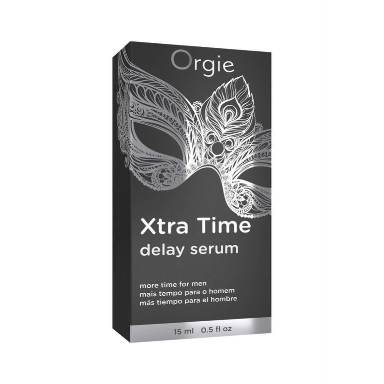 Orgie Xtra Time Serum productdoos met tube duidelijke verpakking discreet geleverd ondersteunt langer volhouden
