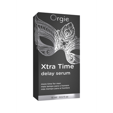 Orgie Xtra Time Serum productdoos met tube duidelijke verpakking discreet geleverd ondersteunt langer volhouden