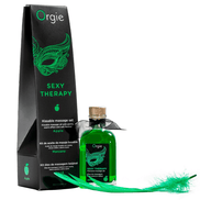 Orgie Lips Massage Kit 100 ml in zwarte doos met groene accenten massageolie en zachte pluim voor verleidelijke massages
