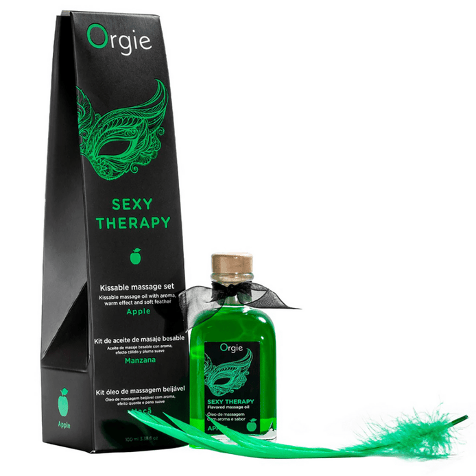 Orgie Lips Massage Kit 100 ml in zwarte doos met groene accenten massageolie en zachte pluim voor verleidelijke massages