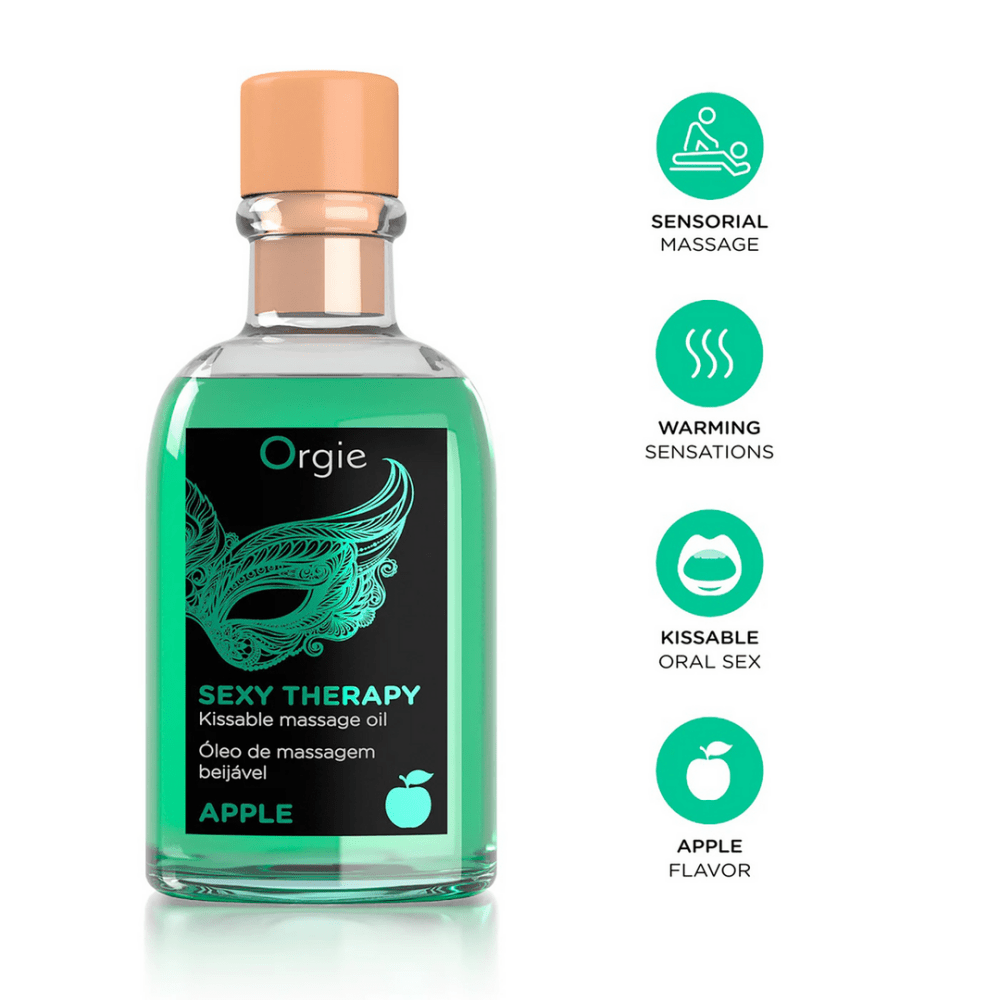 Groene flacon massageolie uit Orgie Lips Massage Kit 100 ml met pipet voor sensuele lip en lichaam massage