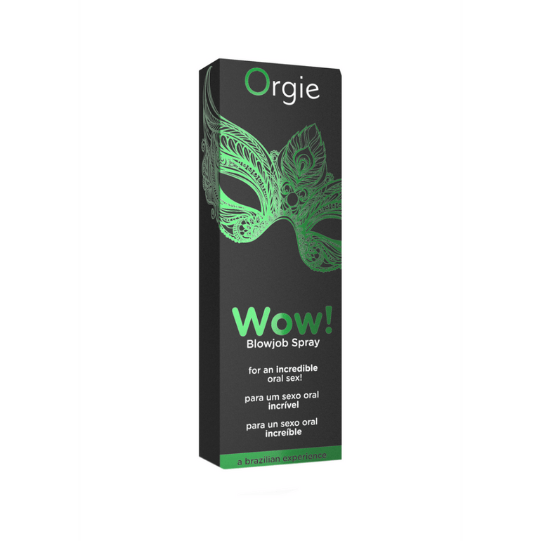 Doos en fles Orgie Wow Blowjob Spray mint eucalyptus 10 ml voor frisse smaak en zacht diep oraal genot