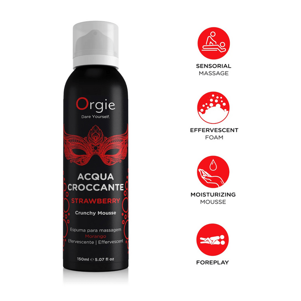 Orgie Acqua Crocante Crackling Massage Foam close up fles met bubbels tintelend schuim voor sensuele massage 150 ml