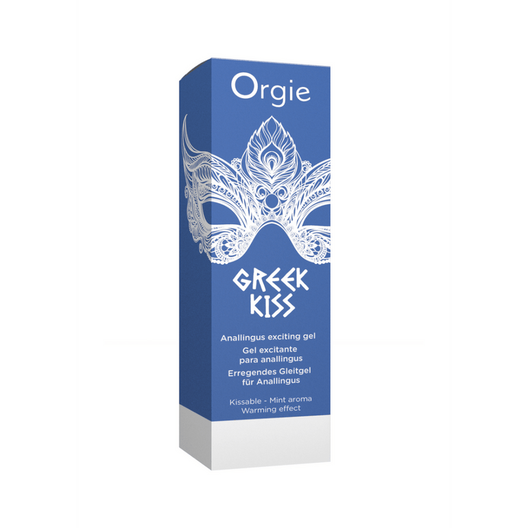 Verpakking en tube Orgie Greek Kiss 50 ml warming gel voor anale massage stimuleert en verwarmt