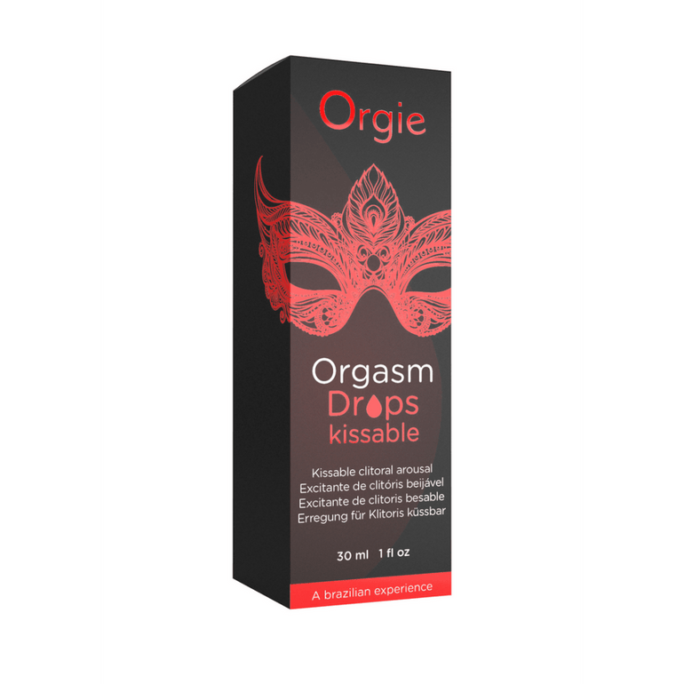 Verpakking Orgie Orgasm Drops 30 ml zwarte doos met rood design intensiverende drops discreet en veilig