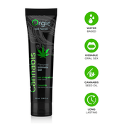 Achterzijde Orgie Lube Tube Cannabis – productinfo en groene icoontjes; waterbasis, huidvriendelijk, makkelijk afwasbaar.