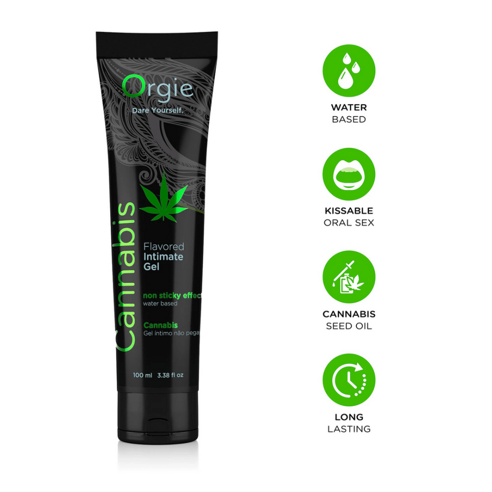 Achterzijde Orgie Lube Tube Cannabis – productinfo en groene icoontjes; waterbasis, huidvriendelijk, makkelijk afwasbaar.