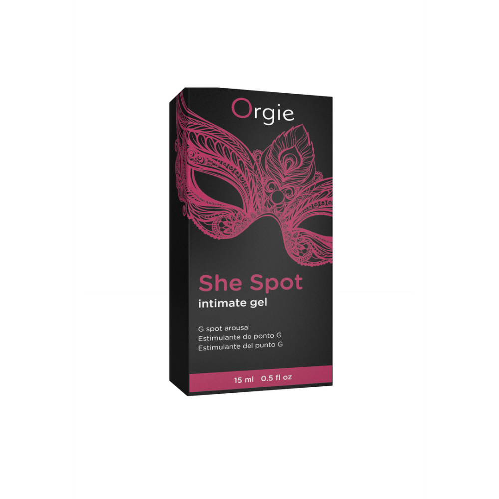 Orgie She Spot Gel 15 ml verpakking, zwart roze doosje met productnaam, opwindgel voor gerichte stimulatie