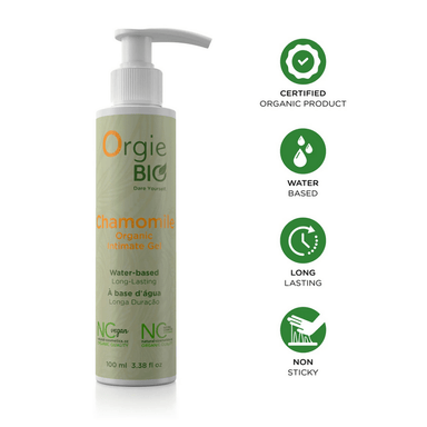Orgie Bio Kamille Intieme Gel 100 ml – groene pompflacon met eco-iconen, zacht voor gevoelige huid.