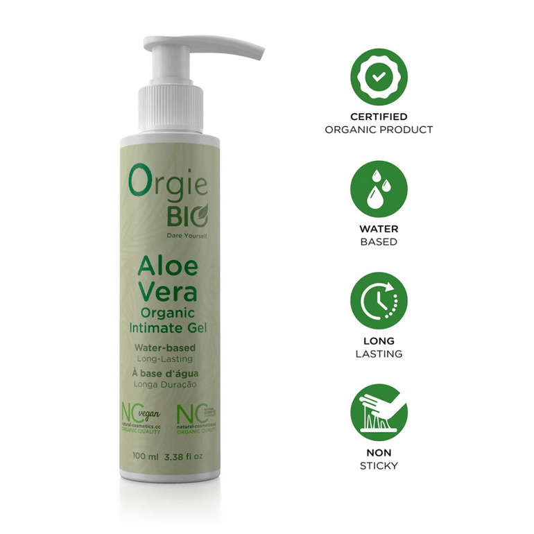 Orgie Bio Aloe Vera Intiem Gel 100 ml – groene pompflacon met eco-iconen, zachte verzorging.