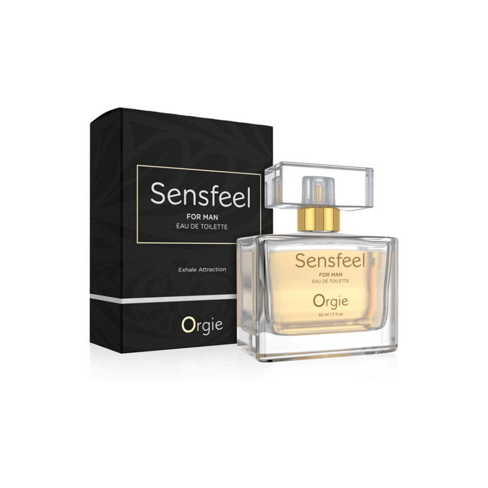 Orgie Sensfeel pheromonen parfum heren 50 ml met verpakking, parfumflesje naast zwarte doos voor mannen