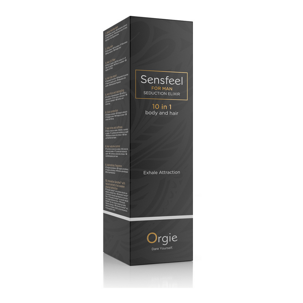 Zwarte kartonnen doos Orgie Sensfeel 10-in-1 hair & body lotion voor mannen