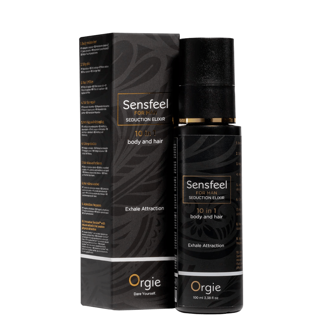 Verpakking en fles Orgie Sensfeel 10-in-1 feromonenlotion – haar & lichaam 100 ml