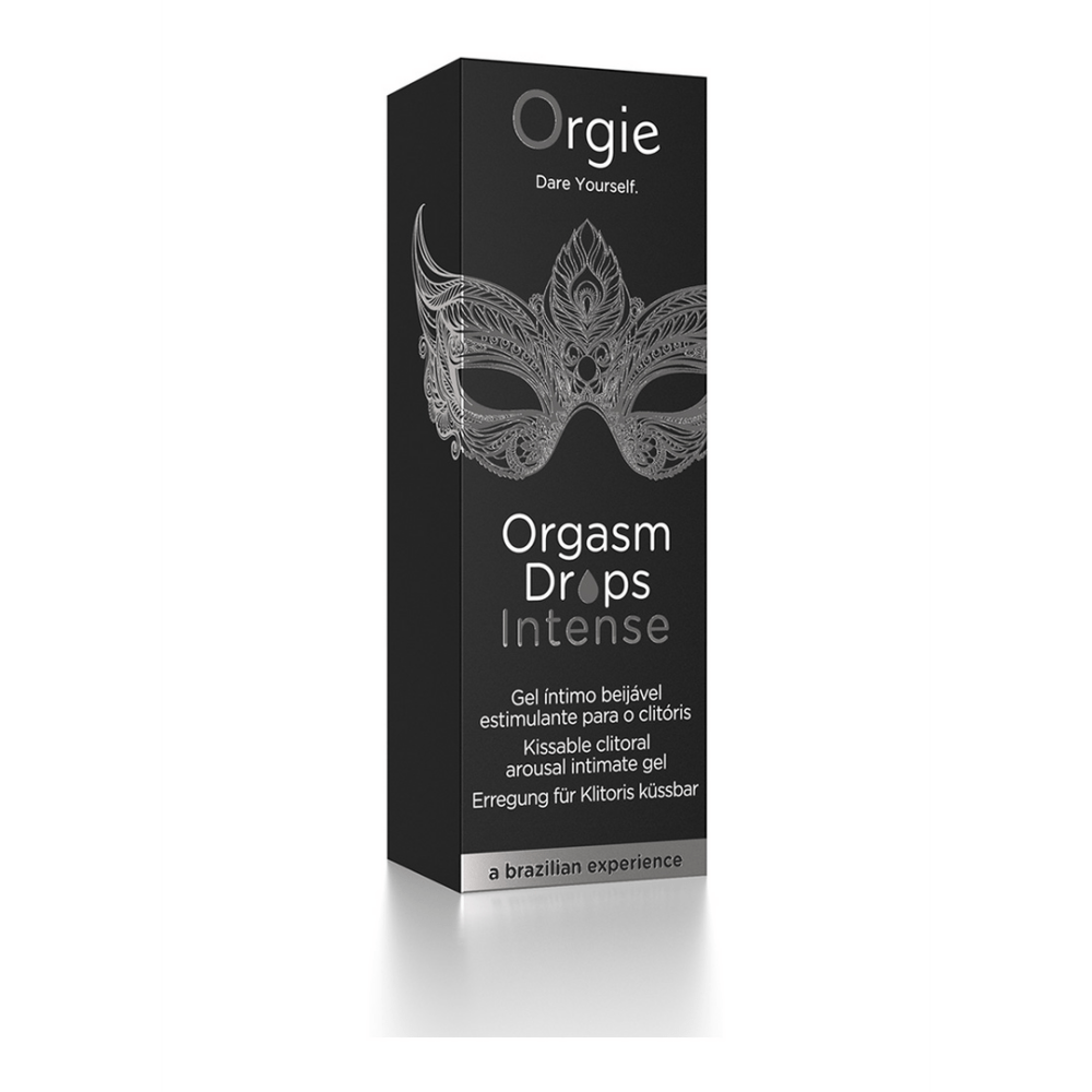 Orgie Orgasm Drops Intense 30 ml verpakking, zwarte productdoos met productnaam en inhoudsaanduiding