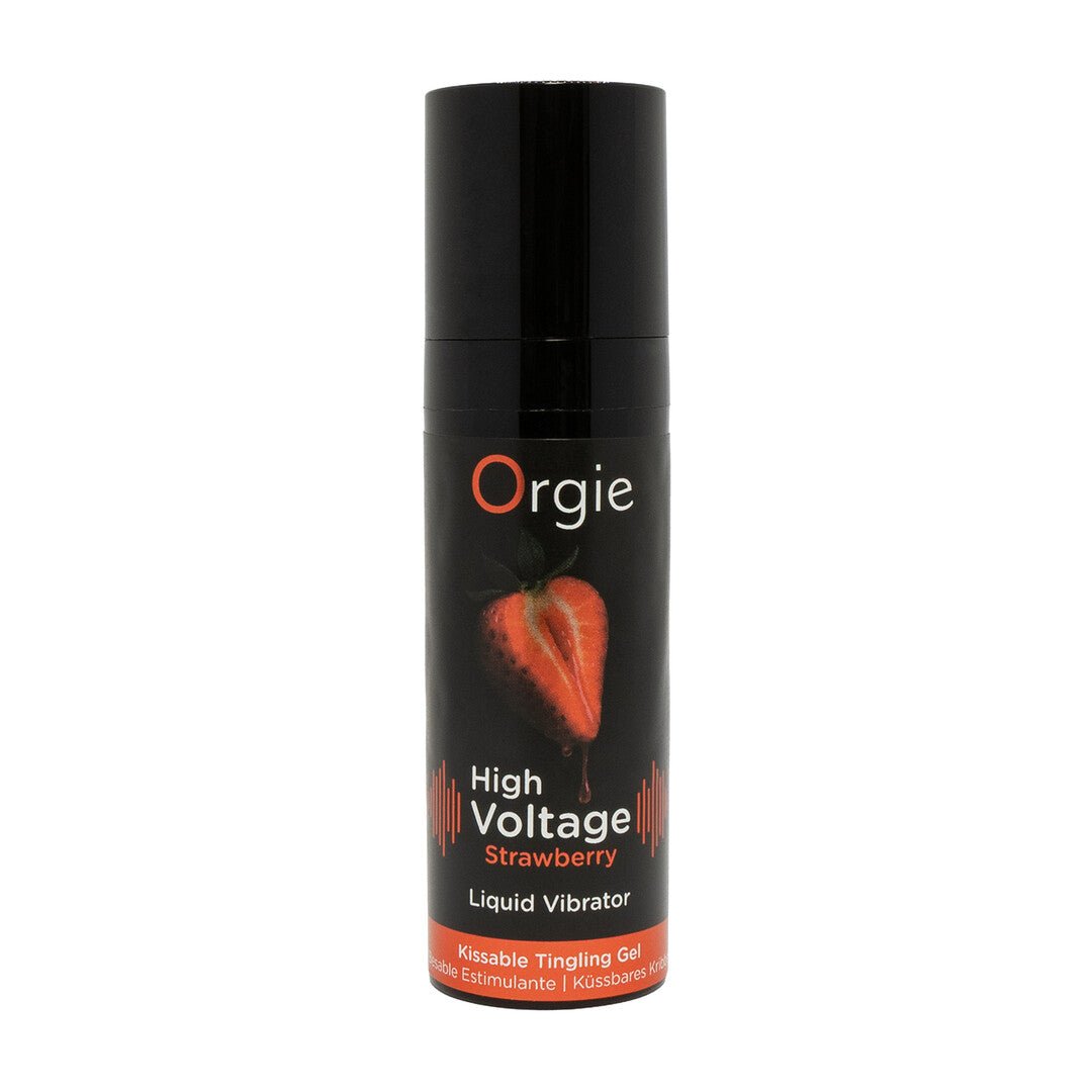 Orgie High Voltage vloeibare vibrator aardbei 15 ml in zwarte flacon met oranje label op wit