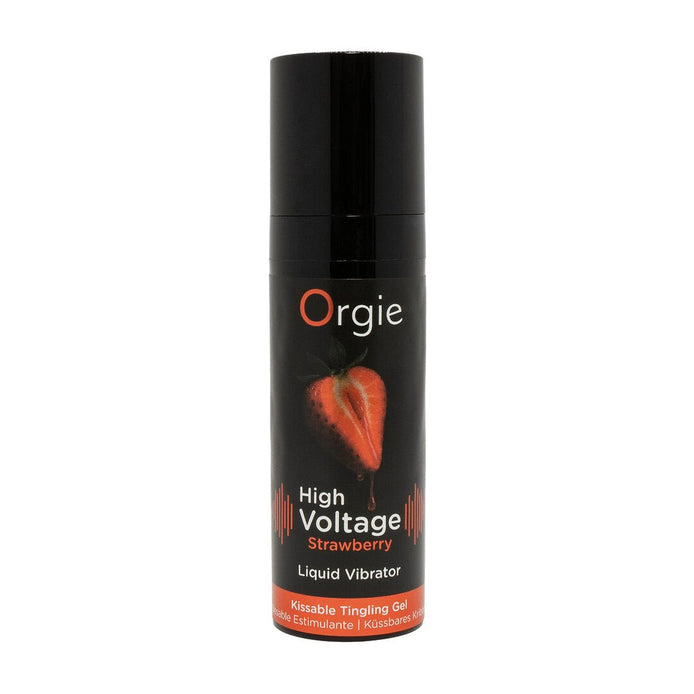 Orgie High Voltage vloeibare vibrator aardbei 15 ml in zwarte flacon met oranje label op wit