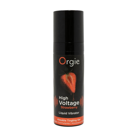 Orgie High Voltage vloeibare vibrator aardbei 15 ml in zwarte flacon met oranje label op wit