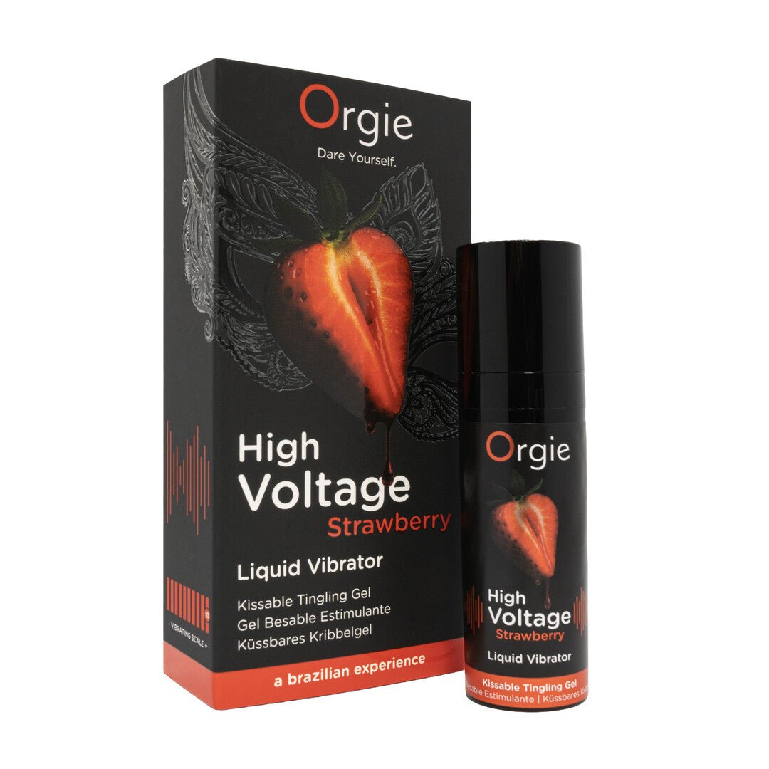 Zwarte verpakking met flacon van Orgie High Voltage vloeibare vibrator aardbei 15 ml op witte achtergrond