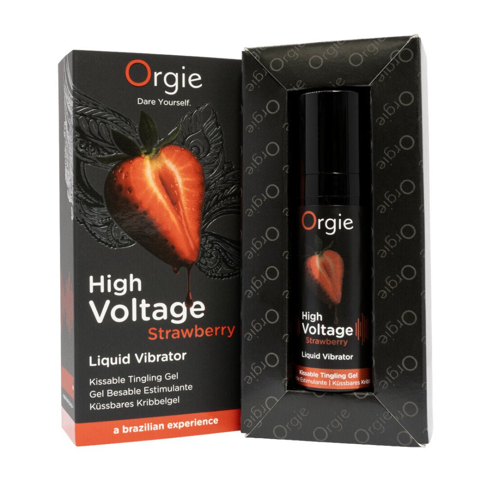 Geopende zwarte Orgie High Voltage doos met flacon in binnenvak en oranje accenten