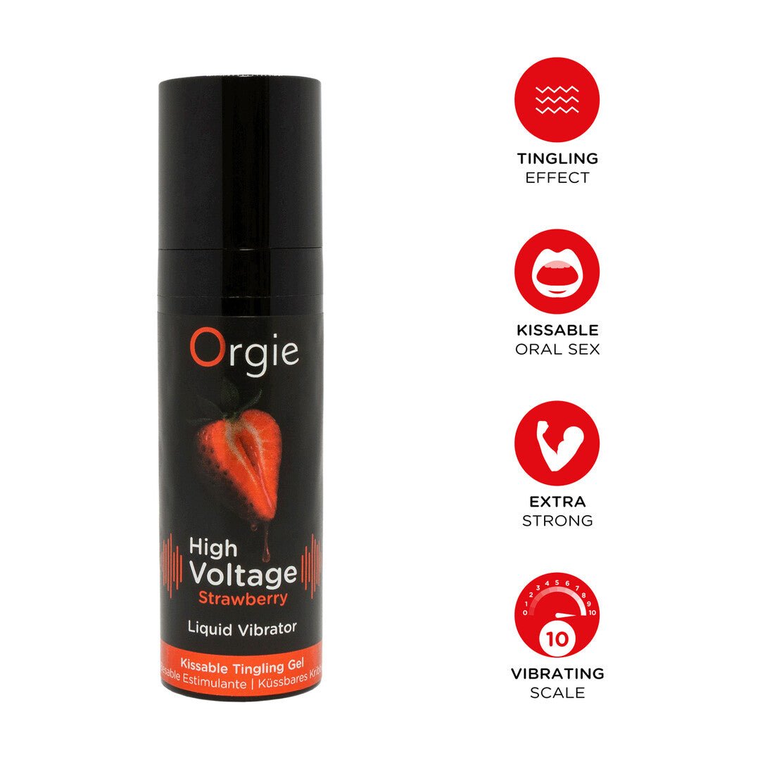 Orgie High Voltage vloeibare vibrator aardbei 15 ml naast rode producticonen op witte achtergrond
