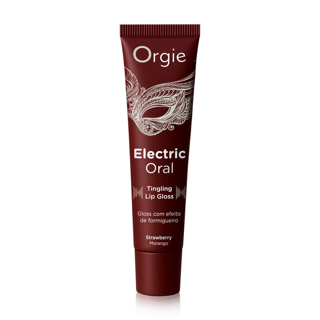 Orgie Electric Oral tintelende lipgloss aardbei 10 ml in bordeauxrode tube op witte achtergrond