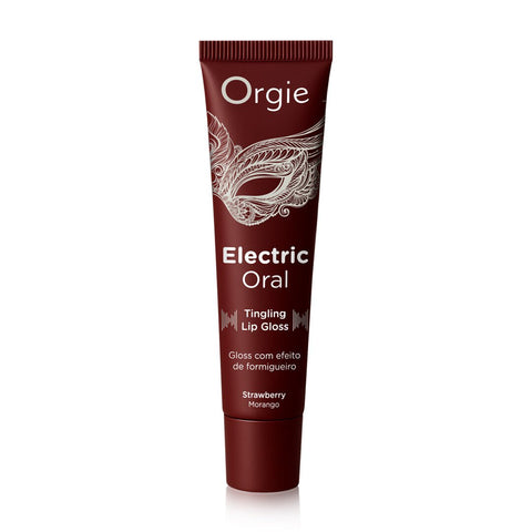 Orgie Electric Oral tintelende lipgloss aardbei 10 ml in bordeauxrode tube op witte achtergrond