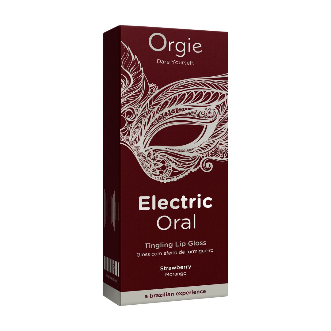 Bordeauxrode verpakking van Orgie Electric Oral lipgloss aardbei met witte illustratie op de voorkant