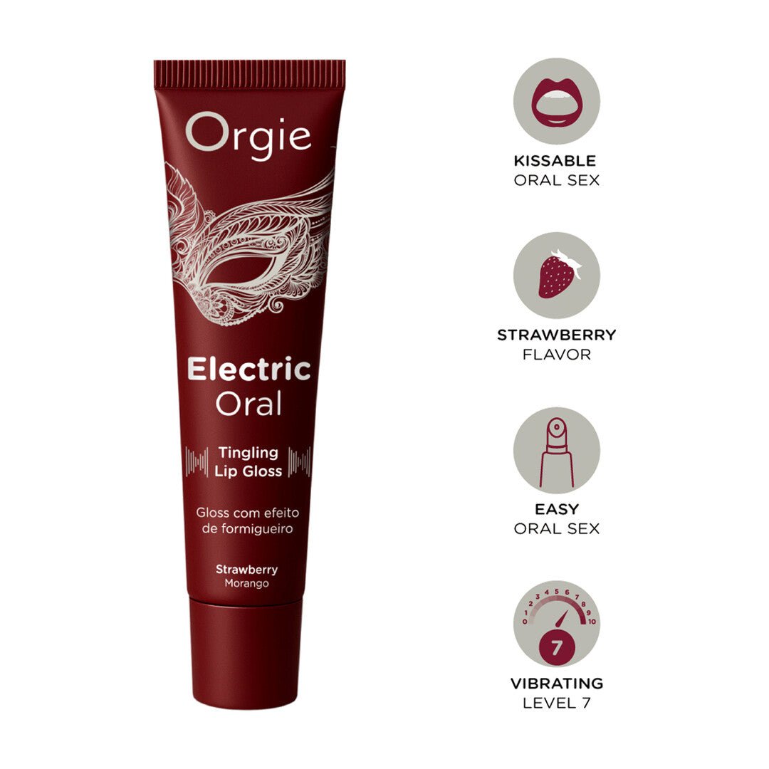 Bordeauxrode Orgie Electric Oral lipgloss aardbei 10 ml naast grijze producticonen op witte achtergrond